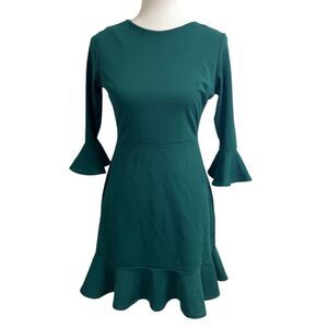 Women's dark green 3/4 long sleeve dress, small. Ruffle sleeve, cocktail party